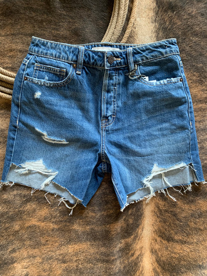 High rise distressed denim shorts