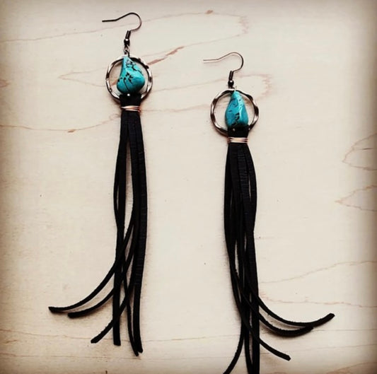 Turquoise drop earring with black fringe